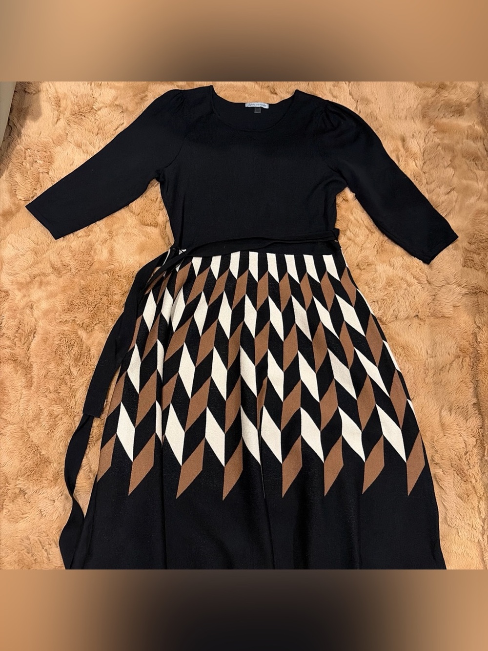 Sweater Dress Black Brown cream Tie Waist Pleated Skirt Fall Neutral Large